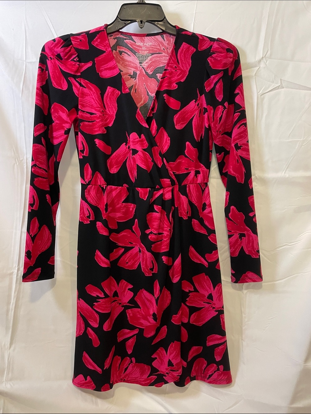 Nine West Black Dress with Bright Pink Floral Print - Long Sleeve